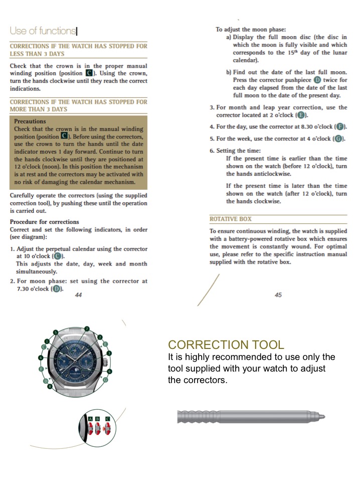 Audemars Piguet's instruction manual to adjust the Perpetual Calendar 